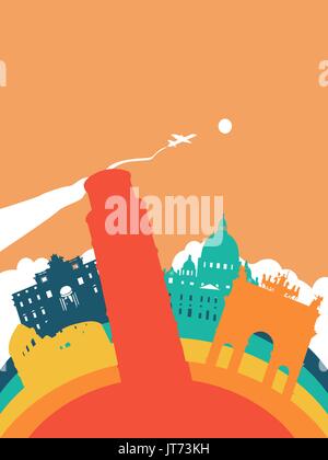 Viaggiare in Italia paesaggio illustrazione, mondo italiano punti di riferimento. Include la torre di Pisa, Colosseo, Fontana di Trevi. EPS10 vettore. Illustrazione Vettoriale