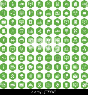 100 icone di rete verde a testa esagonale Illustrazione Vettoriale