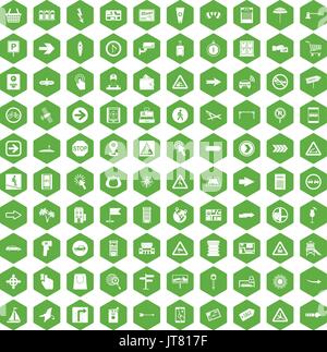 100 puntatori icone verde esagonale Illustrazione Vettoriale