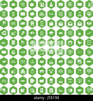 100 Servizio postale icone verde esagonale Illustrazione Vettoriale