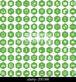 Programmatore 100 icone verde esagonale Illustrazione Vettoriale