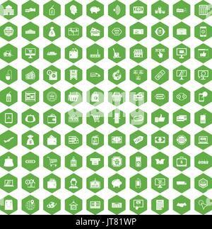 100 icone shopping verde esagonale Illustrazione Vettoriale