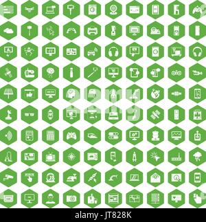 100 icone software verde esagonale Illustrazione Vettoriale