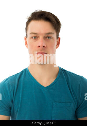 Nessuna emozione Ritratto di una giovane e bella uomo caucasico isolati su sfondo bianco Foto Stock
