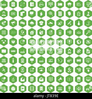100 icone di telecomunicazione verde esagonale Illustrazione Vettoriale