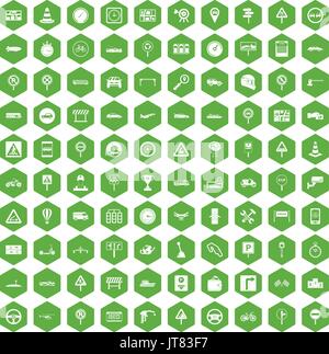 100 icone del traffico verde esagonale Illustrazione Vettoriale