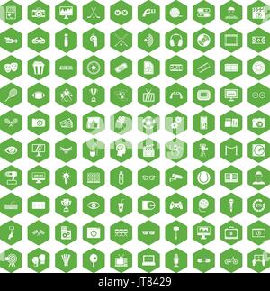100 icone video verde esagonale Illustrazione Vettoriale