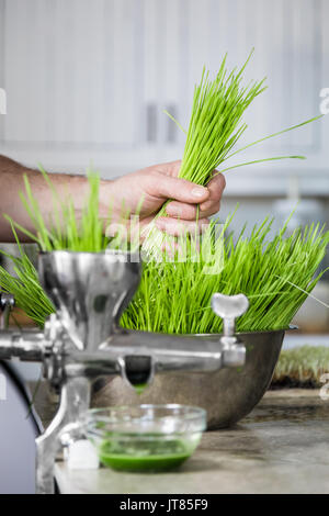 Estrazione di Wheatgrass in azione sul bancone della cucina utilizzando un metallo centrifuga manuale Foto Stock