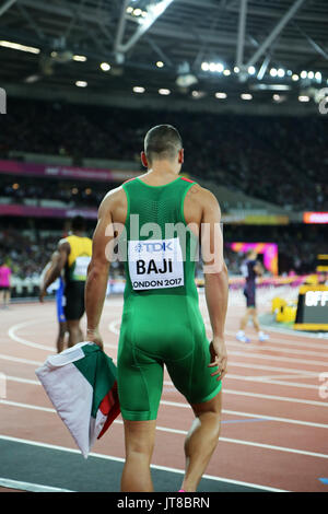 Londra, Regno Unito. 07-Ago-17. Balázs BAJI di Ungheria celebra il suo terzo posto al Uomini 110m Hurdles Finale al 2017, IAAF Campionati del Mondo, Queen Elizabeth Olympic Park, Stratford, Londra, Regno Unito. Credito: Simon Balson/Alamy Live News Foto Stock