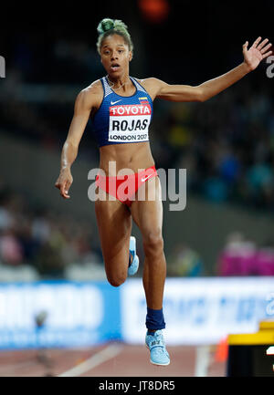 Londra, Gran Bretagna. Il 7 agosto, 2017. Yulimar Rojas del Venezuela compete durante le Donne Salto triplo Finale il giorno 4 del 2017 IAAF Campionati del Mondo a Londra allo stadio di Londra, Gran Bretagna, il 7 agosto, 2017. Yulimar Rojas rivendicato il titolo con 14.91 metri. Credito: Wang Lili/Xinhua/Alamy Live News Foto Stock