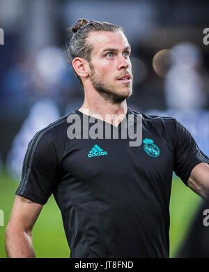 Skopje, Macedonia. 7 agosto 2017, Philip II Arena Nazionale, Skopje, Macedonia; 2017 Super Coppa UEFA Intertoto; Real Madrid contro Manchester United; Pre Match conferenza stampa e sessione di formazione; avanzamento Gareth Bale del Real Madrid durante il corso di formazione tecnica per il match day Credit: Nikola Krstic/Alamy Live News Foto Stock