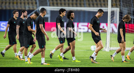 Skopje, Macedonia. 7 agosto 2017, Philip II Arena Nazionale, Skopje, Macedonia; 2017 Super Coppa UEFA Intertoto; Real Madrid contro Manchester United; Pre Match conferenza stampa e sessione di formazione; Real Madrid giocatori durante la sessione di formazione Credito: Nikola Krstic/Alamy Live News Foto Stock