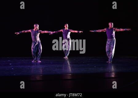 Colonia, Germania. 8 Ago, 2017. Danzatori provenienti da Stati Uniti dance company Alvin Ailey - American Dance Theatre - balli durante una chiamata premere sul palco della sala concerti Philharmonie come parte del Koelner Sommerfestival a Colonia, Germania, 8 agosto 2017. La società di danza da New York stanno dando esibizioni di ospiti presso la Philharmonie di Colonia dal 08 - 13 agosto 2017. - Nessun filo SERVICE - foto: Horst Galuschka/dpa/Horst Galuschka dpa/Alamy Live News Foto Stock