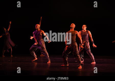 Colonia, Germania. 8 Ago, 2017. Danzatori provenienti da Stati Uniti dance company Alvin Ailey - American Dance Theatre - balli durante una chiamata premere sul palco della sala concerti Philharmonie come parte del Koelner Sommerfestival a Colonia, Germania, 8 agosto 2017. La società di danza da New York stanno dando esibizioni di ospiti presso la Philharmonie di Colonia dal 08 - 13 agosto 2017. - Nessun filo SERVICE - foto: Horst Galuschka/dpa/Horst Galuschka dpa/Alamy Live News Foto Stock