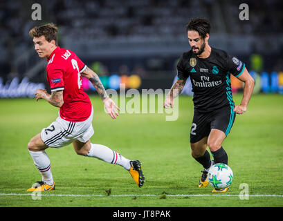 Skopje, Macedonia. 08 Ago, 2017. 8 agosto 2017, Philip II Arena Nazionale, Skopje, Macedonia; 2017 Coppa UEFA Intertoto; Real Madrid contro Manchester United; centrocampista Isco del Real Madrid in azione durante il Super Cup Match Credito: Nikola Krstic/Alamy Live News Foto Stock