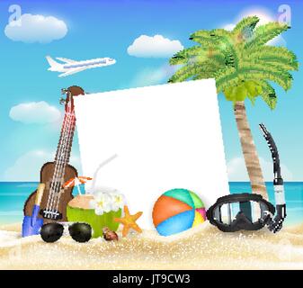 Palla di carta bicchieri maschera subacquea ukulele sulla spiaggia Illustrazione Vettoriale