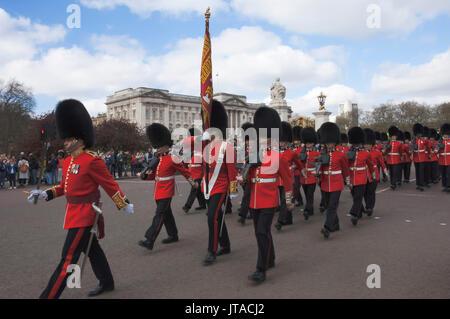 Coldstream Guards sfilando in rotta verso Buckingham Palace, London, England, Regno Unito, Europa Foto Stock