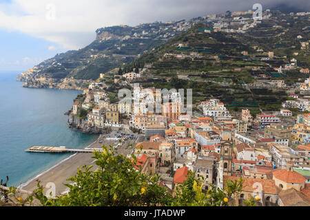 Minori, spiaggia, cattedrale, limoni e terrazze, vista in elevazione, Costiera Amalfitana, Sito Patrimonio Mondiale dell'UNESCO, Campania, Italia, Europa Foto Stock