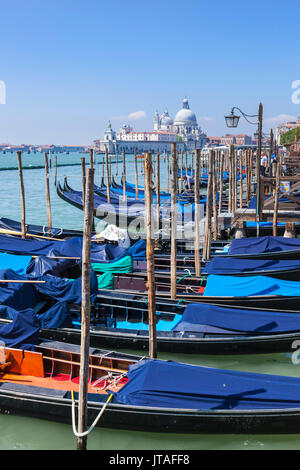 Gondole ormeggiate nel Bacino di San Marco (S. Bacino di Marco), lungomare, Venezia, UNESCO, Veneto, Italia, Europa Foto Stock