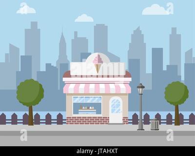 Gelateria con lo sfondo della città Illustrazione Vettoriale