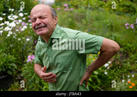 Il vecchio uomo avente lombaggine dolore Foto Stock