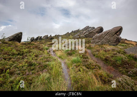 Robusto affioramenti di rocce Ramshaw vicino il roaches nel parco nazionale di Peak District, Staffordshire, Inghilterra. Foto Stock