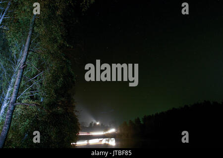 Alla guida di una vettura su una strada di notte nella foresta Foto Stock