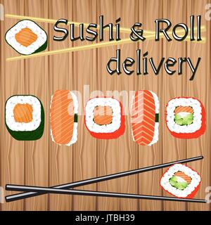 Progettazione poster per i giapponesi di consegna del cibo nel piatto di stile del vettore. Illustrazione Vettoriale