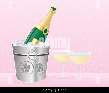 Una illustrazione di un argento secchiello per il ghiaccio con una bottiglia di champagne e due bicchieri completo su un sfondo di confetti Foto Stock