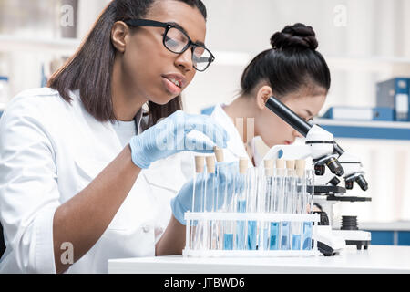 Professionale di giovani ricercatori che operano con microscopio e provette per la prova in laboratorio chimico Foto Stock