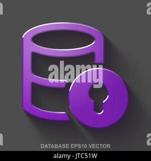 Metallica piana la programmazione 3D icona. Viola di metallo lucido Database con blocco su sfondo grigio. EPS 10, il vettore. Illustrazione Vettoriale
