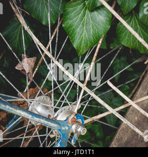 Dettaglio di un vecchio abbandonato vintage bicicletta arrugginita con ivy sullo sfondo trovato nel capannone rurale nella campagna italiana. Foto Stock