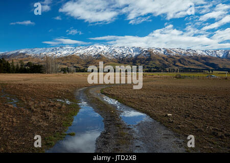 Azienda Agricola via e Rock e il pilastro della gamma, Sutton, vicino Middlemarch, Strath Taieri, Otago, Isola del Sud, Nuova Zelanda Foto Stock