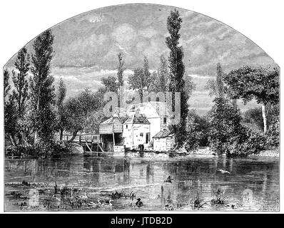 1870: Il Mulino di Iffley, un villaggio sul fiume Tamigi in una determinata area di conservazione in Oxfordshire, Inghilterra. Nel corso del XII secolo Oxford popolo costruito un mulino ad acqua a Iffley, che è stato acquistato da Lincoln College di Oxford nel 1445: il mulino bruciato nel 1908, avendo sopravvissuto per quasi 800 anni. Prodotti di massa in corrispondenza del mulino di Iffley incluso il malto, orzo, mais e altri cereali. Foto Stock