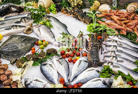 Crudo fresco frutti di mare sul contatore nel ristorante. Tema alimentare. Specialità mediterranee. Foto Stock