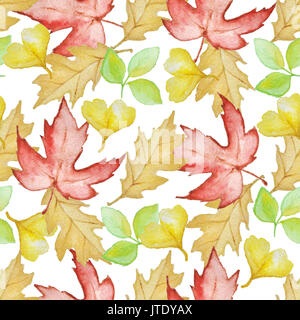 Acquerello floreale seamless pattern con Bright Foglie di autunno su sfondo bianco Foto Stock