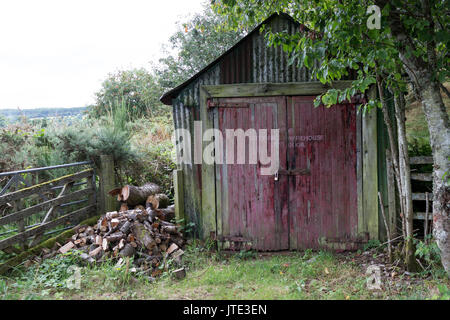 Scozia, Highlands, Campagna, Wood Shed, Garage, Lockup, Shack, legno, tronchi, trunk albero, Alberi, Field Gate, recinzioni, arbusti, cespugli, Porte rosse Foto Stock