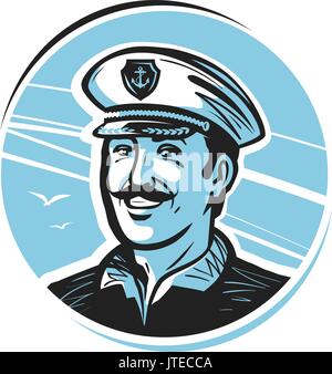 Ritratto di sorridenti capitano. Sailor, marittimo, marinaio logo o etichetta. Illustrazione Vettoriale Illustrazione Vettoriale