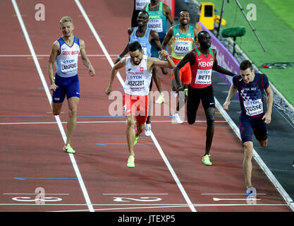 In Francia la Pierre-Ambroise Bosse vince il Uomini 800m finale precedendo la Polonia è Adam Kszczot, Kenya's Kipyegon Bett e Gran Bretagna Kyle Langford durante il giorno cinque del 2017 IAAF Campionati del mondo presso il London Stadium. Foto Stock