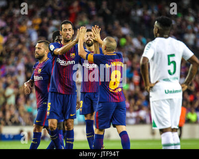 FC Barcelona giocatori festeggiare un obiettivo. 52Nd Intertoto tra FC Barcelona e Chapecoense dal Brasile. Il Barça vince 5-0 con gol di De Foto Stock