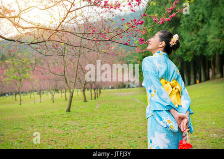 Tourist donna asiatica godendo la visualizzazione dei ciliegi in fiore alberi del bellissimo colore rosa nel parco sakura usura tradizionale kimono giapponese su capi di abbigliamento Foto Stock