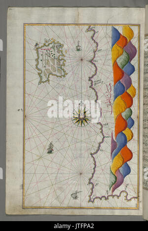 Piri Reis mappa dell'isola di Bozjah (Tenedos) al largo della costa di Anatolia Foto Stock
