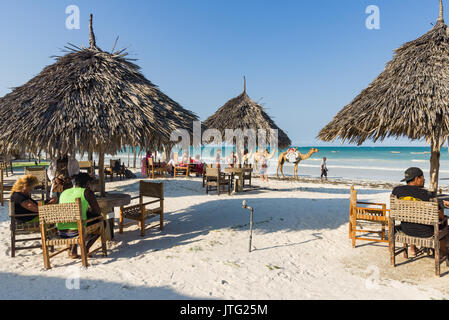 Turisti che si siedono di fronte alla spiaggia con vista oceano con ristorante palm thatch tavoli e sedie come due cammelli a piedi passato sulla spiaggia in background Foto Stock