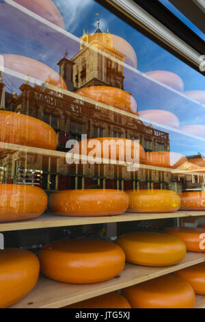 La Stadhuis o Municipio riflessa nella vetrina di un negozio di formaggi in Delft, South Holland, Paesi Bassi Foto Stock