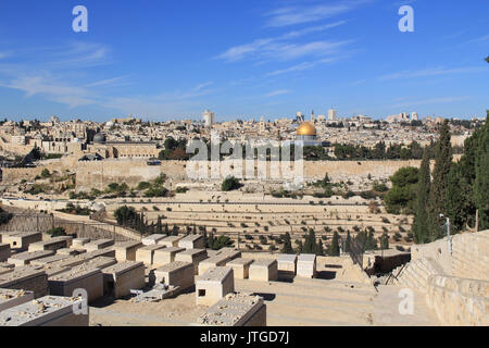 Vista panoramica della vecchia Gerusalemme compresa la Cupola della roccia, al-Aqsa moschea e cimitero sul Monte degli Ulivi lungo il torrente Kidron. Foto Stock