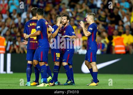 Lionel Messi (Barcellona), 7 agosto 2017 - Calcio : Messi con giocatori di squadra celebrare dopo il suo obiettivo sul pre stagione partita del 'Intertoto' tra FC Barcelona 5-0 Chapecoense allo stadio Camp Nou a Barcellona, Spagna. (Foto di Mutsu Kawamori/AFLO) [3604] Foto Stock