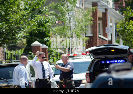 E 229 st Ed Carpenter street, Bronx, New York, Stati Uniti d'America. Il 9 agosto, 2017.condotta da parte della polizia di un inchiesta sugli incidenti per un ambulette che appoggiato su una donna che era il funzionamento del veicolo in corrispondenza di E 229 st Ed Carpenter street. Michael Glenn / Alamy Live News Foto Stock