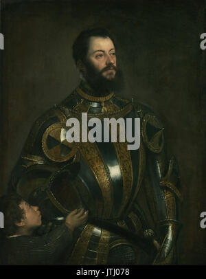 Titian (Tiziano Vecellio) (italiano) Ritratto di Alfonso d'Avalos, Marchese del Vasto, in armatura con una pagina Foto Stock