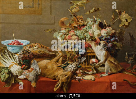 'Still vita con frutta, Gioco MORTI, verdure, un live Monkey, lo scoiattolo e gatto' da Frans Snyders Foto Stock