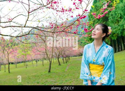 Giovane donna bella visita dei ciliegi in fiore parco alberato in Giappone e usura tradizionale giapponese abiti kimono godendo sakura sulla molla trav Foto Stock